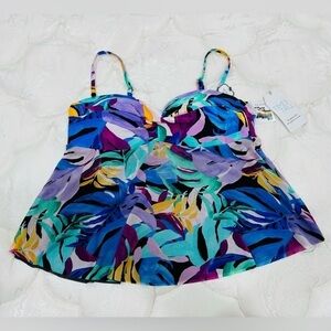 Time And Tru Women's Palm Floral Mesh Tan Swim Top Swim Size L(12–14)